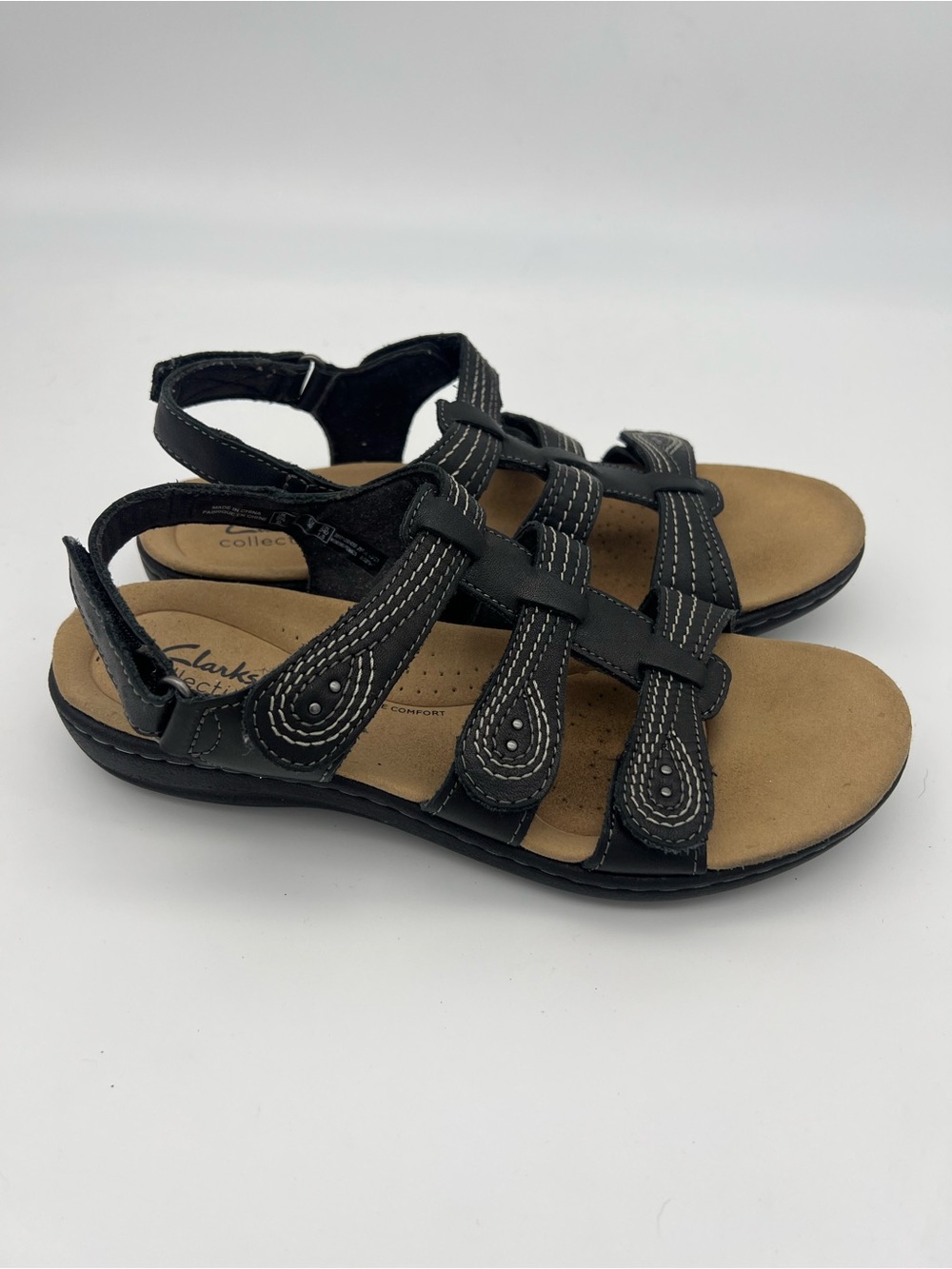 CLARKS Collection Laurieann Vine Black Leather Women Comfort Sandals Size 8 - Picture 1 of 8